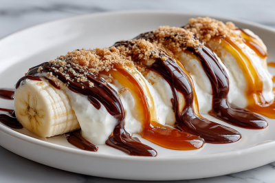 Три соуса для одного банана: ванильная нежность, апельсиновая карамель и бархатный шоколад. Десерт-трансформер для гурманов
