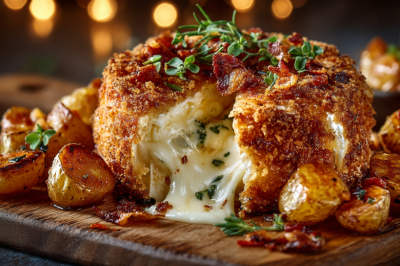 Камамбер в хрустящей панировке с беконом и картошкой. Готовлю закуску с рекой сыра внутри &mdash; а вы дальше ешьте скучные запеканки