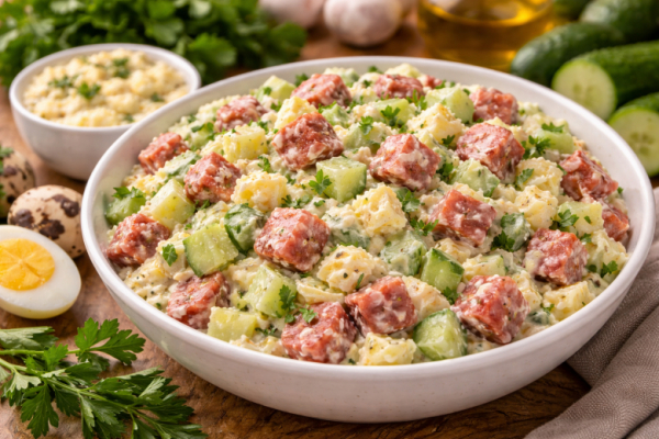 Актуально на Пасху: салат с заправкой из вареных яиц &mdash; колбаса, огурчики и простота приготовления