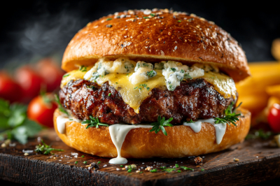 Долго искал идеальный рецепт бургера и наконец нашел. Котлета с чесноком, внутри &mdash; сливочная начинка из крем-чиза